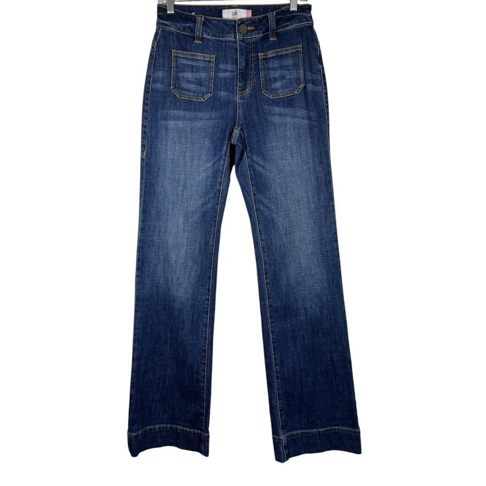 Cabi Sz 2 Patch Pocket Jeans High Rise Flare Wide Hem Leg Dk Blue Wash #4151